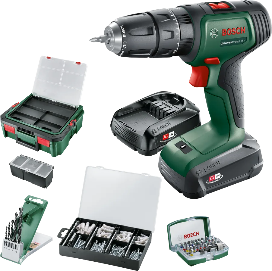 UniversalImpact 18V (2x 1,5Ah) Akülü Darbeli/Delme Vidalama Makinesi + 210 parça set + Systembox S